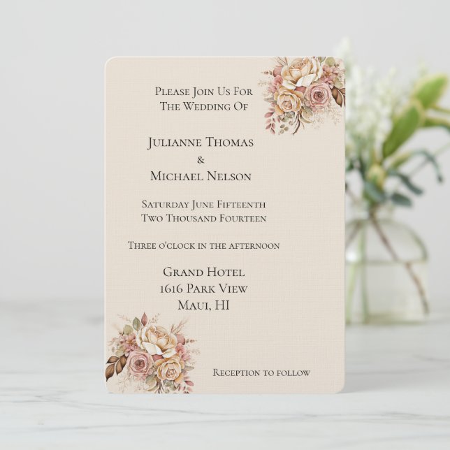 Convite Casamento Floral de Blush Cream Boho (Em pé/Frente)
