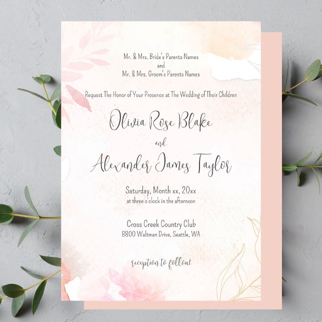 Convite Casamento Floral de Blush de Molho de Água (Soft Watercolor Blush Floral Wedding Invitation)