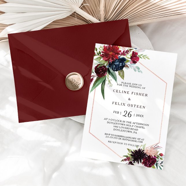 Convite Casamento Floral de Blush do Marinho Burgundy Mode (Criador carregado)