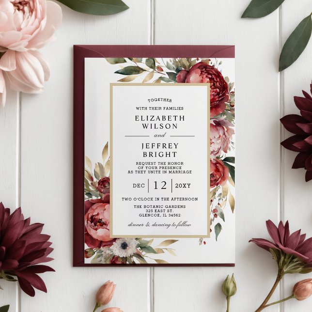 Convite Casamento Floral de Blush Dourado Elegante (Elegant Gold Burgundy Blush Floral Wedding Invitation)