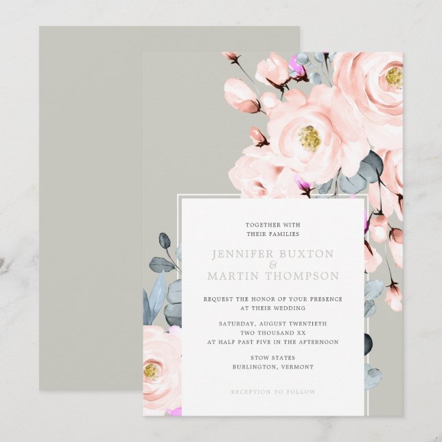 Convite Casamento Floral de Blush e Cinza (Frente/Verso)