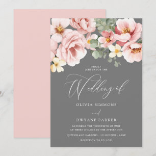 Convite Casamento Floral de Blush e Cinza de Aquarela