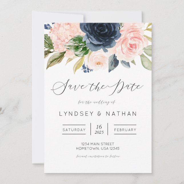 Convite Casamento Floral de Blush e Marinho Salve a Data (Frente)