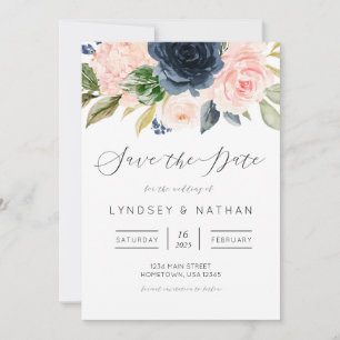 Convite Casamento Floral de Blush e Marinho Salve a Data