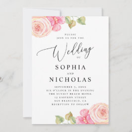 Convite Casamento floral de blush rosa em aquarela elegant