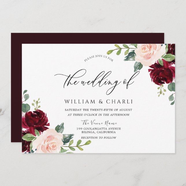 Convite Casamento Floral de Blush Watercolor (Frente/Verso)