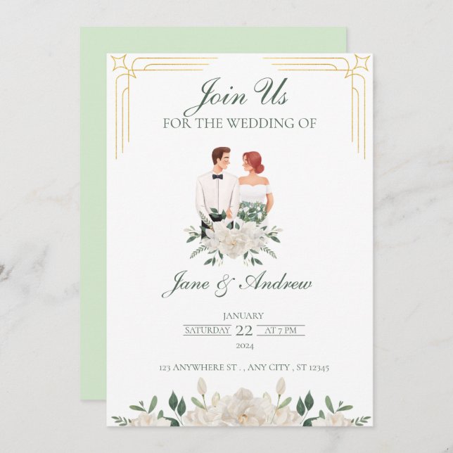 Convite Casamento Floral De Boho Branco E Verde (Frente/Verso)