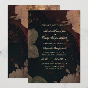 Convite Casamento Floral de Boho Gótico Vermelho Escuro