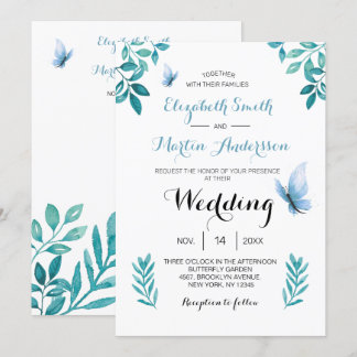 Convite Casamento floral de borboleta azul de aquarela doc