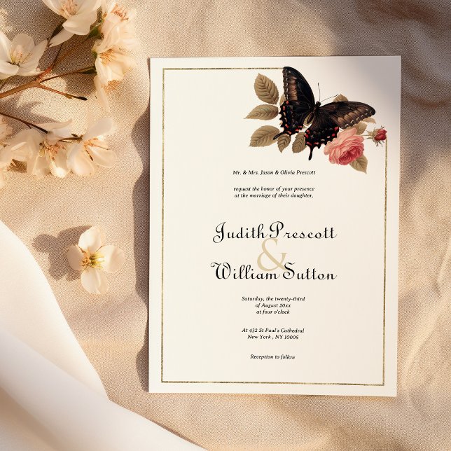 Convite Casamento floral de borboleta cor-de-rosa dourada  (Vintage brown gold pink butterfly floral wedding)