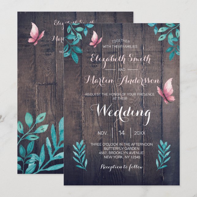 Convite Casamento floral de borboleta rosa com aquarela ru (Frente/Verso)