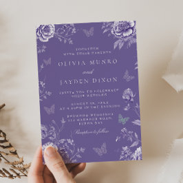 Convite Casamento Floral de Borboleta Roxa Encantada
