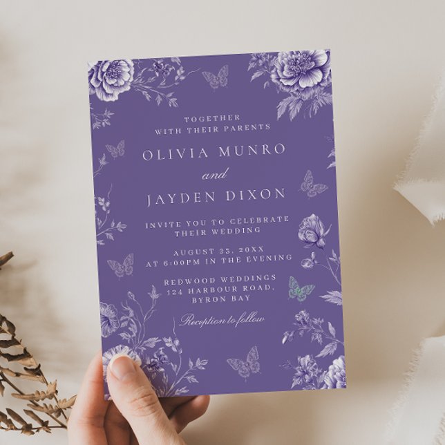 Convite Casamento Floral de Borboleta Roxa Encantada (Criador carregado)