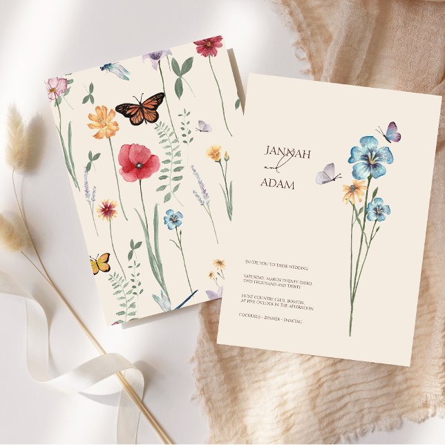 Convite Casamento Floral de Borboletas de Flor Azul Simple (Simple Blue Wildflower Butterflies Floral Wedding Invitation)