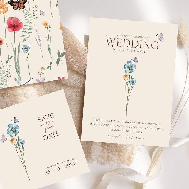 Convite Casamento Floral de Borboletas de Flor Azul Simple (Simple Blue Wildflower Butterflies Floral Wedding Invitation)
