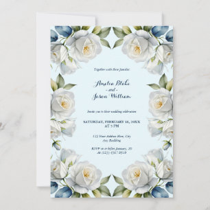 Convite Casamento Floral de Borda Azul Pastel White Rose
