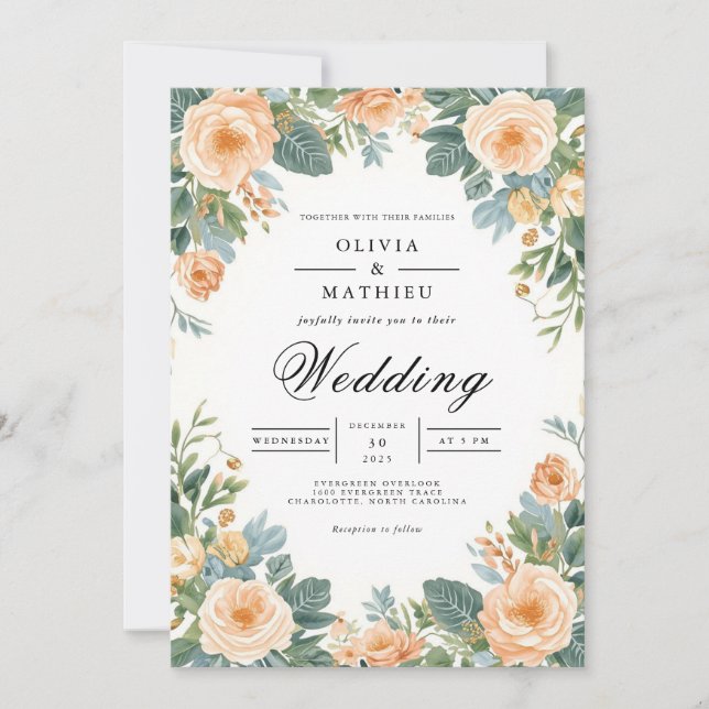 Convite Casamento Floral de Borda Pastel Peach (Frente)