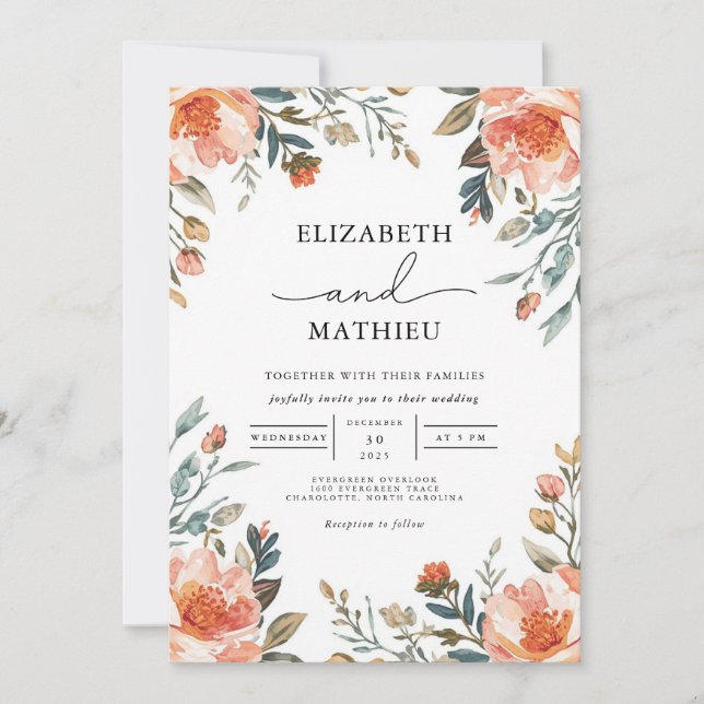 Convite Casamento Floral de Borda Peach Blossom (Frente)