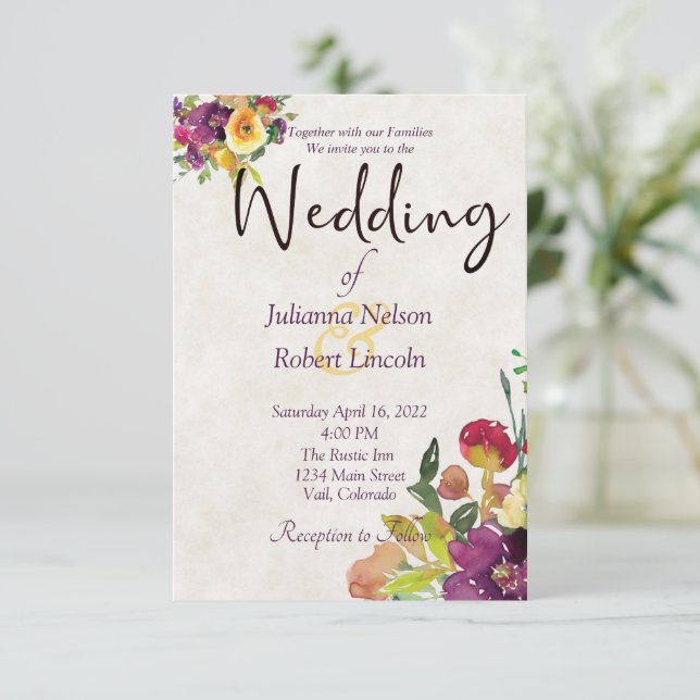 Convite Casamento floral de Borgonha e de Aquarela amarela (Em pé/Frente)