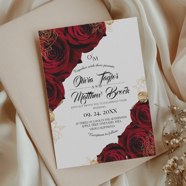 Convite Casamento Floral de Borgonha e ⎮ Dourada Rosa verm (Criador carregado)