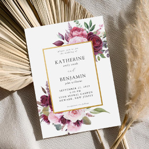 Convite Casamento Floral de Borgonha e Elegante Rosa