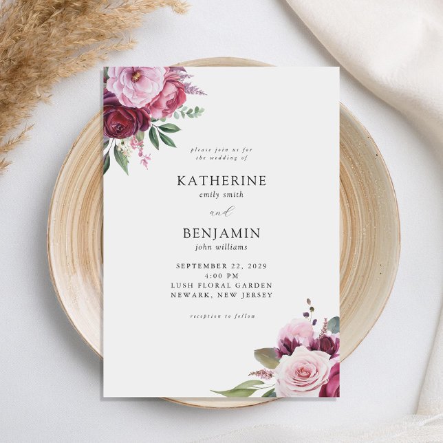 Convite Casamento Floral de Borgonha e Elegante Rosa (Criador carregado)