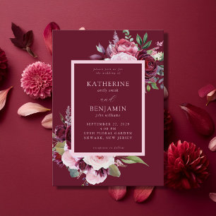 Convite Casamento Floral de Borgonha e Elegante Rosa