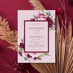 Convite Casamento Floral de Borgonha e Elegante Rosa