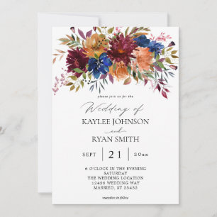 Convite Casamento Floral de Borgonha e Marinho