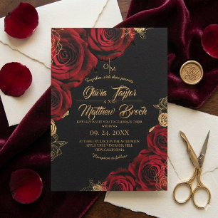 Convite Casamento Floral de Borgonha e Rosa vermelha ⎮ Neg