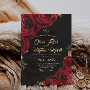 Convite Casamento Floral de Borgonha e Rosa vermelha ⎮ Neg