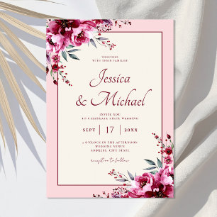 Convite Casamento Floral de Borgonha Rosa-Rosa Elegante