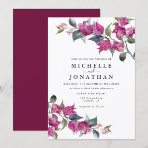 Convite Casamento Floral de Bougainvillea Burgundy