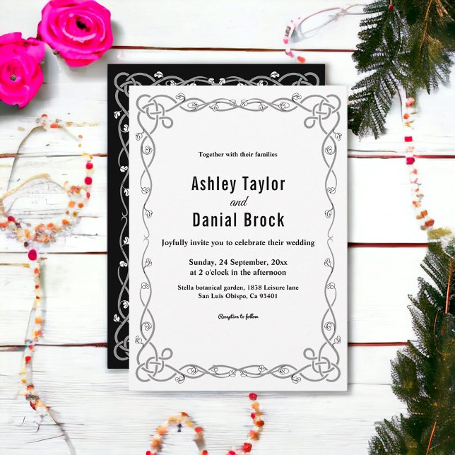 Convite Casamento Floral De Branca E Preto Simples Moderno (Criador carregado)
