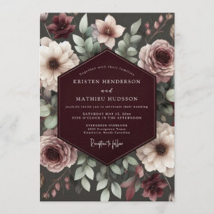 Convite Casamento Floral de Brocado Borgonha