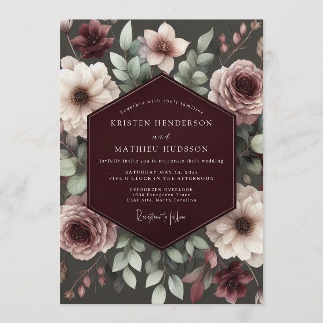 Convite Casamento Floral de Brocado Borgonha (Frente)