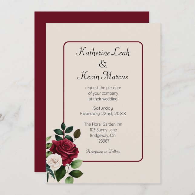 Convite Casamento Floral de Burgandy Green Cream (Frente/Verso)