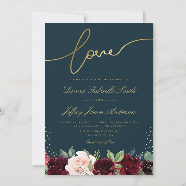 Convite Casamento floral de burgundy com script de ouro e  (Frente)