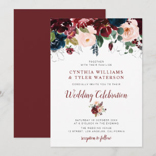 Convite Casamento floral de burgundy e blush