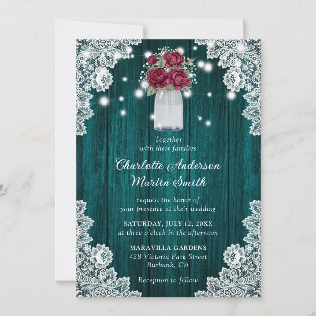 Convite Casamento Floral de Burgundy e Teal Wood Lace (Frente)