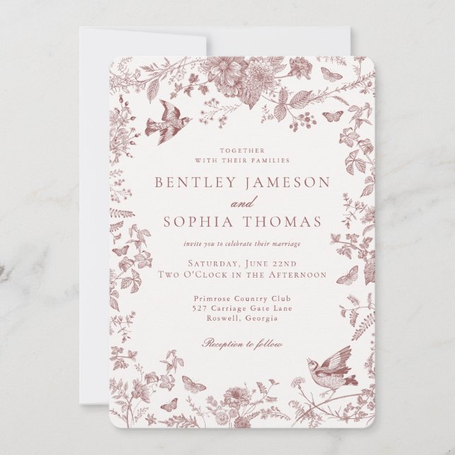 Convite Casamento Floral de Burgundy Fall Toile De Jouy Vi (Frente)