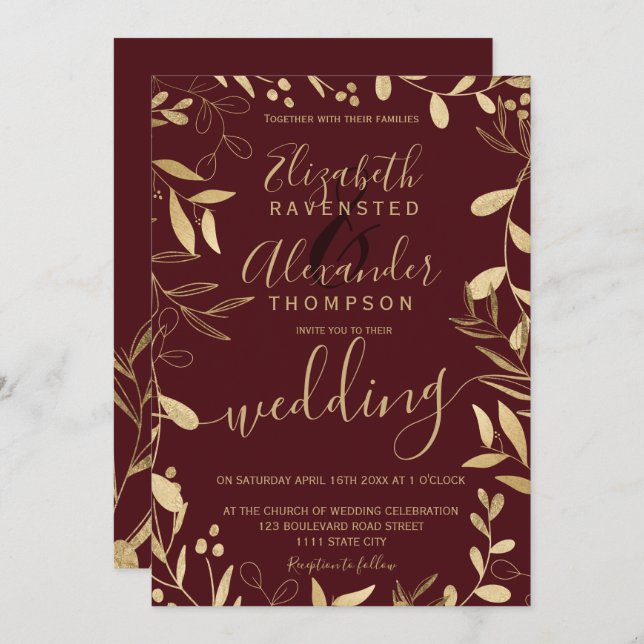 Convite Casamento floral de burgundy, folha de ouro chico  (Frente/Verso)