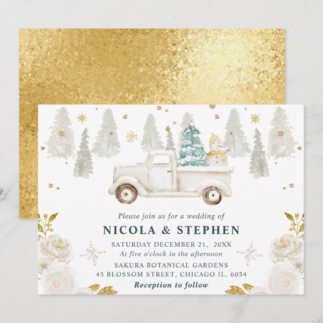 Convite Casamento Floral de Caminhão Branco e Dourado de I (Frente/Verso)