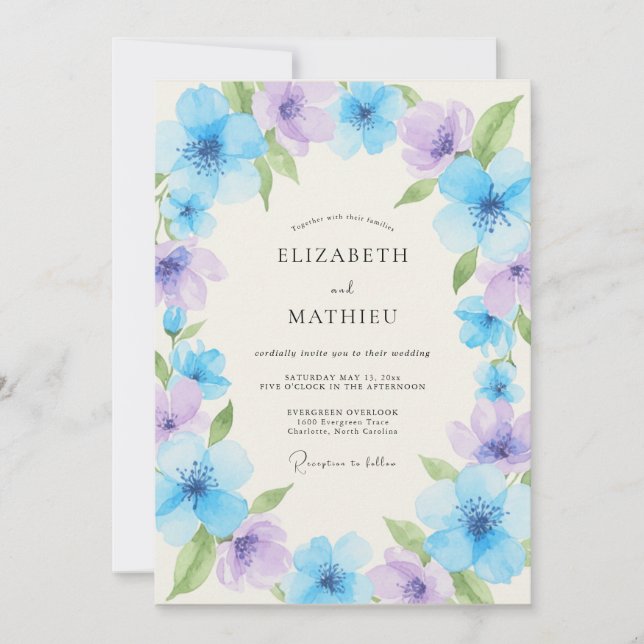 Convite Casamento Floral de Campo Azul Miosótis (Frente)