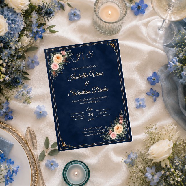 Convite Casamento Floral de Canto Azul Elegante (Criador carregado)