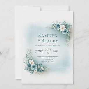Convite Casamento Floral de Canto em Aqua Suave