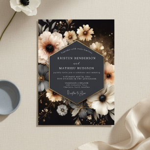 Convite Casamento Floral de Carvão Opulento Romance