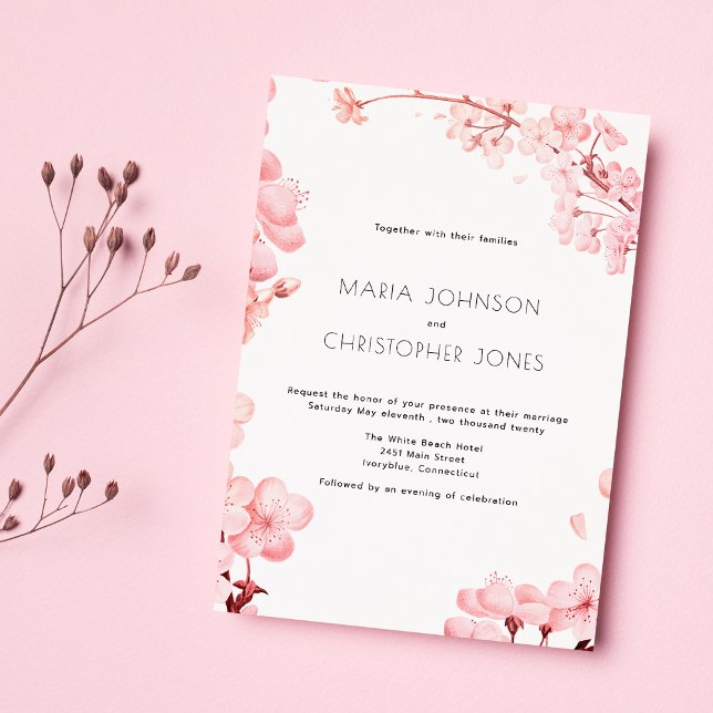 Convite Casamento floral de cereja rosa simples (Simple pink cherry blossom floral Wedding)