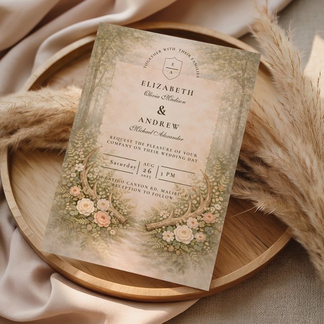 Convite Casamento Floral de Cervo Florestal (Criador carregado)