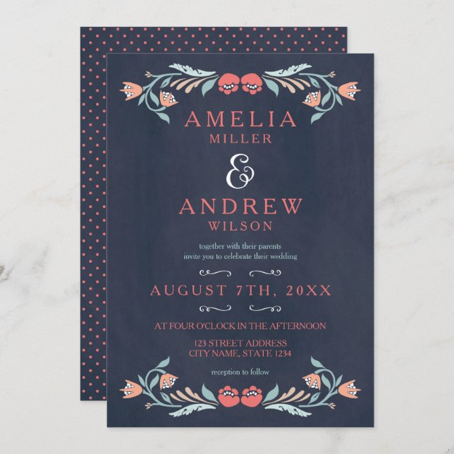 Convite Casamento Floral de Chalkboard Bluish Elegante (Frente/Verso)